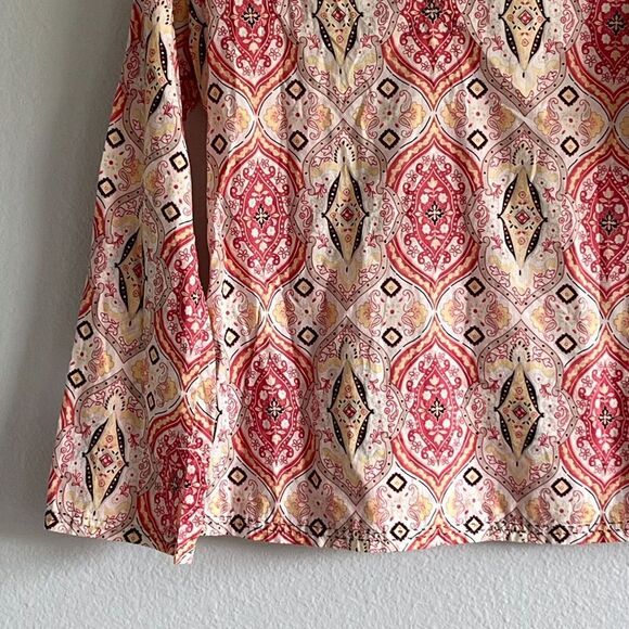 Prana Cotton Tunic Pink White Patterned Fabric V-Neck Split Hem Bottom Sleeves S - Picture 3 of 12